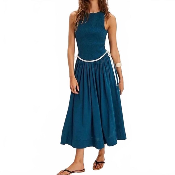 Free People Dresses & Skirts - 559. FREE PEOPLE Nightingale Seersucker Cotton Midi Dress in Seaside Combo Sz S